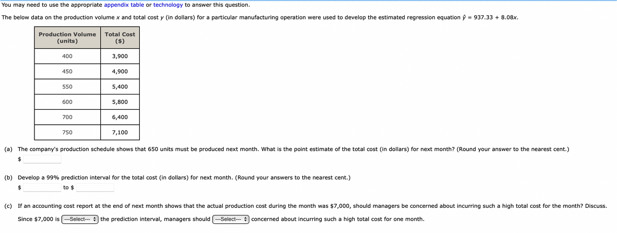 You may need to use the appropriate appendix table or technology to answer this question.
The below data on the production volume x and total cost y (in dollars) for a particular manufacturing operation were used to develop the estimated regression equation ŷ = 937.33 + 8.08x.
Production Volume Total Cost
(units)
($)
400
450
550
600
700
750
3,900
4,900
5,400
5,800
6,400
7,100
(a) The company's production schedule shows that 650 units must be produced next month. What is the point estimate of the total cost (in dollars) for next month? (Round your answer to the nearest cent.)
$
(b) Develop a 99% prediction interval for the total cost (in dollars) for next month. (Round your answers to the nearest cent.)
$
to $
(c) If an accounting cost report at the end of next month shows that the actual production cost during the month was $7,000, should managers be concerned about incurring such a high total cost for the month? Discuss.
Since $7,000 is --Select-- the prediction interval, managers should --Select--- concerned about incurring such a high total cost for one month.