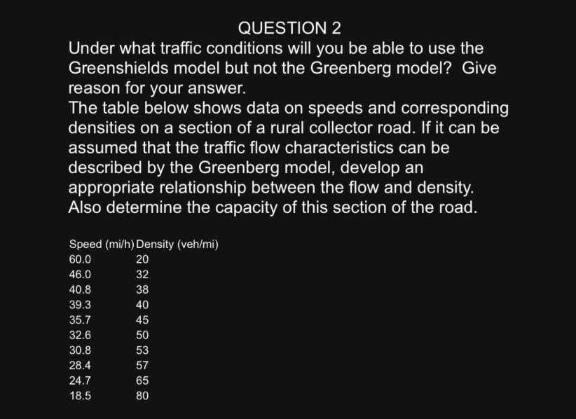 QUESTION 2
Under what traffic conditions will you be able to use the
Greenshields model but not the Greenberg model? Give
reason for your answer.
The table below shows data on speeds and corresponding
densities on a section of a rural collector road. If it can be
assumed that the traffic flow characteristics can be
described by the Greenberg model, develop an
appropriate relationship between the flow and density.
Also determine the capacity of this section of the road.
Speed (mi/h) Density (veh/mi)
60.0
46.0
40.8
39.3
35.7
32.6
30.8
28.4
24.7
18.5
20
32
38
40
45
50
53
57
65
80