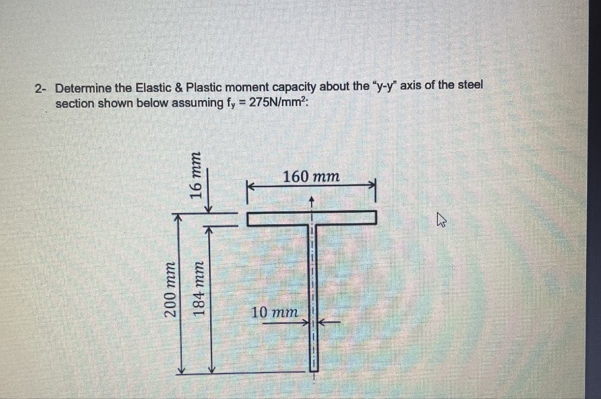 2- Determine the Elastic & Plastic moment capacity about the "y-y" axis of the steel
section shown below assuming fy = 275N/mm²:
16 mm
200 mm
184 mm
160 mm
10 mm