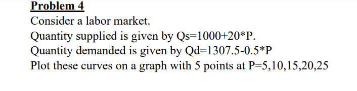 Problem 4
Consider a labor market.
Quantity supplied is given by Qs=1000+20*P.
Quantity demanded is given by Qd=1307.5-0.5*P
Plot these curves on a graph with 5 points at P=5,10,15,20,25

