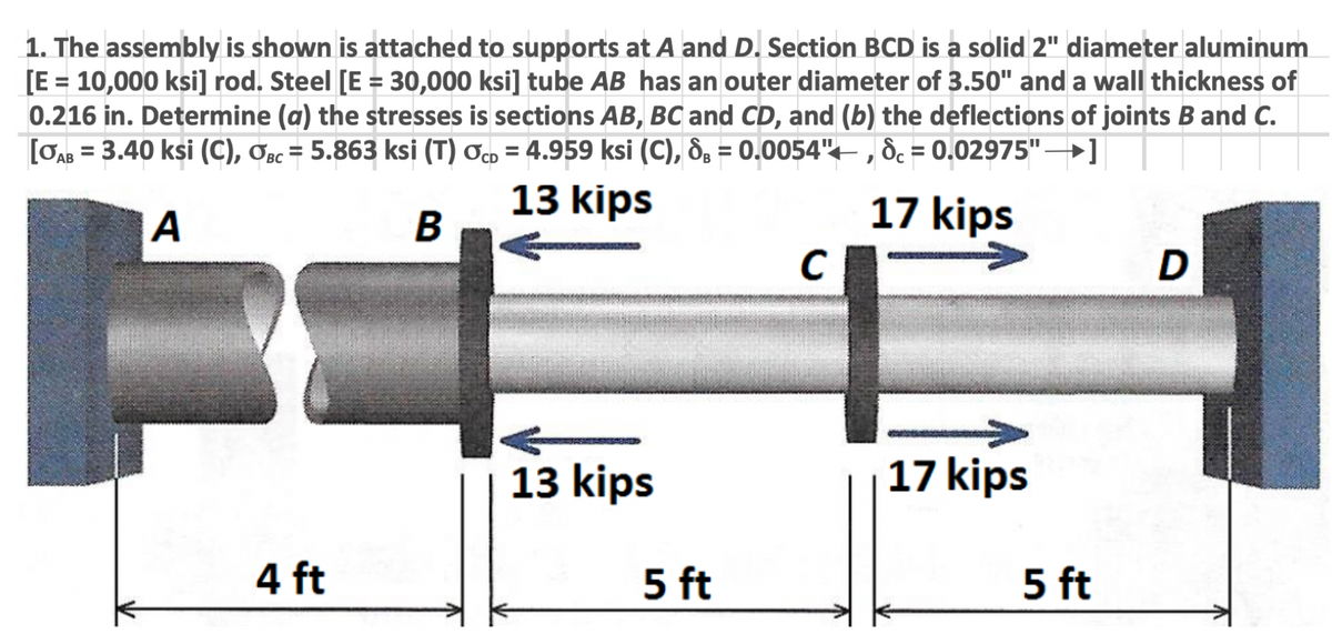 1. The assembly is shown is attached to supports at A and D. Section BCD is a solid 2" diameter aluminum
[E = 10,000 ksi] rod. Steel [E = 30,000 ksi] tube AB has an outer diameter of 3.50" and a wall thickness of
0.216 in. Determine (a) the stresses is sections AB, BC and CD, and (b) the deflections of joints B and C.
[OAB = 3.40 ksi (C), Osc = 5.863 ksi (T) Oc, = 4.959 ksi (C), 8, = 0,0054"– , d. = 0,02975"→]
%3D
%3D
%3D
%3D
13 kips
17 kips
A
C
13 kips
17 kips
4 ft
5 ft
5 ft
