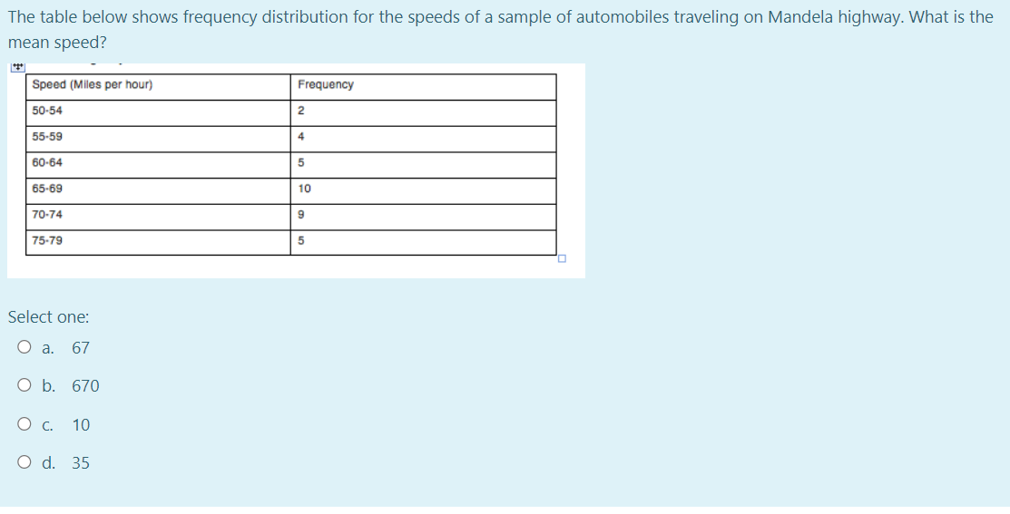 The table below shows frequency distribution for the speeds of a sample of automobiles traveling on Mandela highway. What is the
mean speed?
Speed (Miles per hour)
50-54
55-59
60-64
65-69
70-74
75-79
Select one:
O a. 67
O b. 670
О с. 10
O d. 35
Frequency
2
4
5
10
9
5