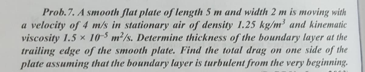 Prob.7. A smooth flat plate of length 5 m and width 2 m is moving with
a velocity of 4 m/s in stationary air of density 1.25 kg/m and kinematic
viscosity 1.5 x 10-5 m2/s. Determine thickness of the boundary layer at the
trailing edge of the smooth plate. Find the total drag on one side of the
plate assuming that the boundary layer is turbulent from the very beginning.
