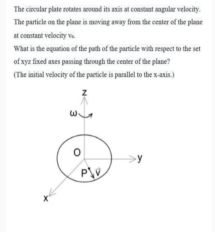 The circular plate rotates around its axis at constant angular velocity.
The particle on the plane is moving away from the center of the plane
at constant velocity vo.
What is the equation of the path of the particle with respect to the set
of xyz fixed axes passing through the center of the plane?
(The initial velocity of the particle is parallel to the x-axis.)
y
X'
3
