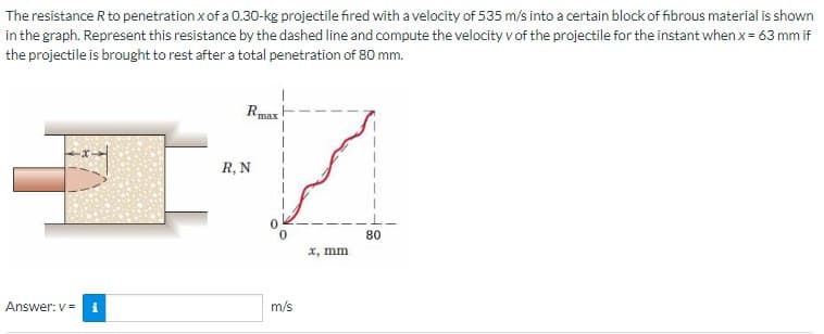 The resistance R to penetration x of a 0.30-kg projectile fired with a velocity of 535 m/s into a certain block of fibrous material is shown
in the graph. Represent this resistance by the dashed line and compute the velocity v of the projectile for the instant when x = 63 mm if
the projectile is brought to rest after a total penetration of 80 mm.
Answer: v= i
Rmax
R, N
m/s
x, mm
80