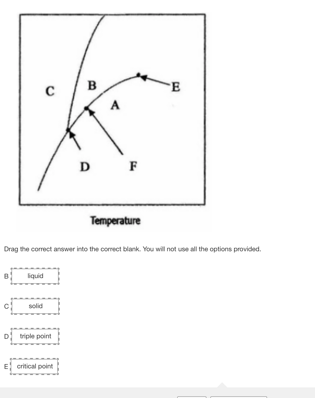 B
C
A
D F
Temperature
Drag the correct answer into the correct blank. You will not use all the options provided.
В
liquid
solid
triple point
E
critical point
