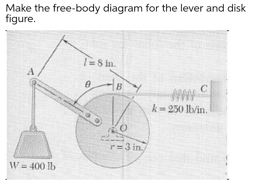 Make the free-body diagram for the lever and disk
figure.
1= S in.
C
ww.
k= 250 lb/in.
r= 3 in.
W = 400 lb
