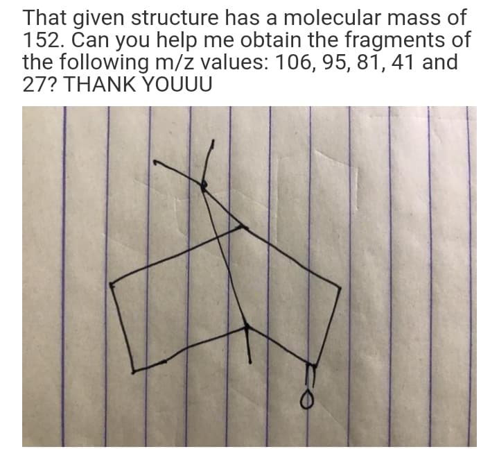 That given structure has a molecular mass of
152. Can you help me obtain the fragments of
the following m/z values: 106, 95, 81, 41 and
27? THANK YOUUU
