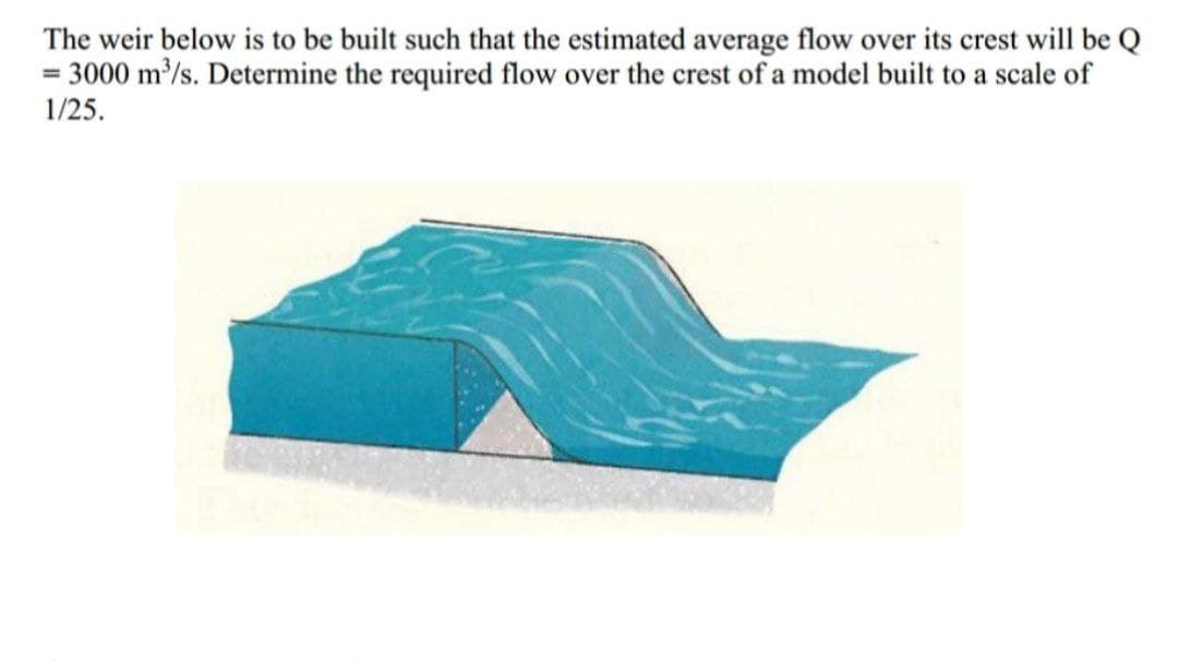 The weir below is to be built such that the estimated average flow over its crest will be Q
= 3000 m³/s. Determine the required flow over the crest of a model built to a scale of
1/25.
