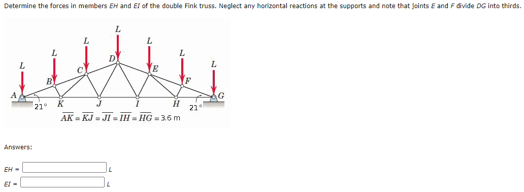 Determine the forces in members EH and EI of the double Fink truss. Neglect any horizontal reactions at the supports and note that joints E and F divide DG into thirds.
A
Answers:
EH =
L
EI =
21°
L
D
L
E
L
K
H
AK = KJ = JI = IH = HG = 3.6 m
F
21
L
G