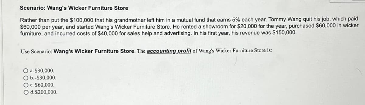 Scenario: Wang's Wicker Furniture Store
Rather than put the $100,000 that his grandmother left him in a mutual fund that earns 5% each year, Tommy Wang quit his job, which paid
$60,000 per year, and started Wang's Wicker Furniture Store. He rented a showroom for $20,000 for the year, purchased $60,000 in wicker
furniture, and incurred costs of $40,000 for sales help and advertising. In his first year, his revenue was $150,000.
Use Scenario: Wang's Wicker Furniture Store. The accounting profit of Wang's Wicker Furniture Store is:
a. $30,000.
b.-$30,000.
O c. $60,000.
O d. $200,000.