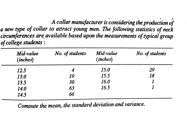A collar manufacturer is considering the production of
a new type of collar to attract young men. The following statistics of neck
circumferences are available based upon the measurements of typical group
of college students :
Mid-value
(inches)
No. of students
Mid-value
No. of students
(inches)
15.0
15.5
16.0
12.5
4
29
18
13.0
13.5
19
30
1
63
16.5
1
14.0
14.5
66
Compute the mean, the standard deviation and variance.
