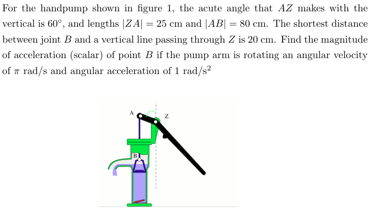 For the handpump shown in figure 1, the acute angle that AZ makes with the
vertical is 60°, and lengths | ZA| = 25 cm and |AB| = 80 cm. The shortest distance
between joint B and a vertical line passing through Z is 20 cm. Find the magnitude
of acceleration (scalar) of point B if the pump arm is rotating an angular velocity
of 7 rad/s and angular acceleration of 1 rad/s²
N