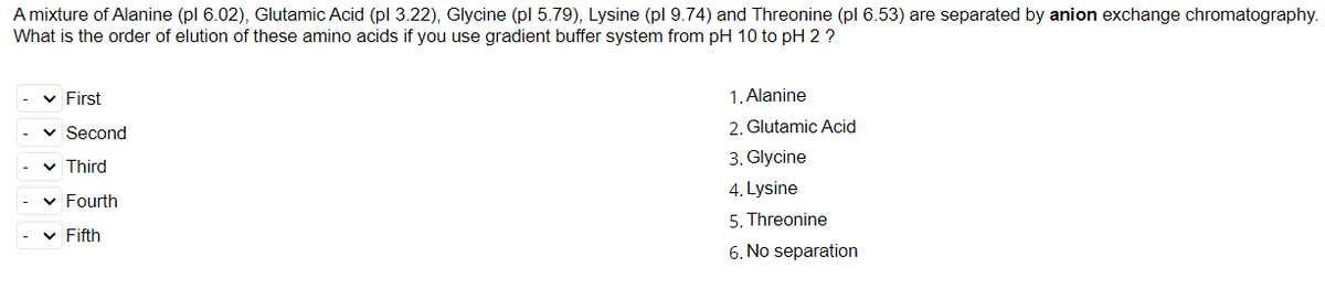 A mixture of Alanine (pl 6.02), Glutamic Acid (pl 3.22), Glycine (pl 5.79), Lysine (pl 9.74) and Threonine (pl 6.53) are separated by anion exchange chromatography.
What is the order of elution of these amino acids if you use gradient buffer system from pH 10 to pH 2 ?
v First
1. Alanine
v Second
2. Glutamic Acid
v Third
3. Glycine
4. Lysine
v Fourth
5. Threonine
v Fifth
6. No separation

