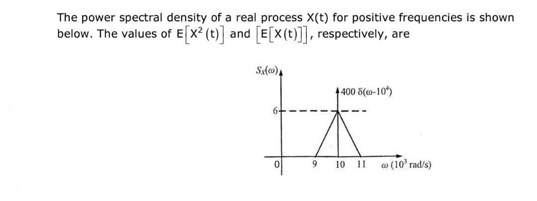 The power spectral density of a real process X(t) for positive frequencies is shown
below. The values of E[X² (t)] and [E[X(t)]], respectively, are
Sx(0)
4400 8(0-10)
K
9 10 11 w (10³ rad/s)