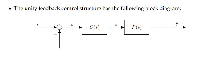 • The unity feedback control structure has the following block diagram:
C(s)
P(s)
