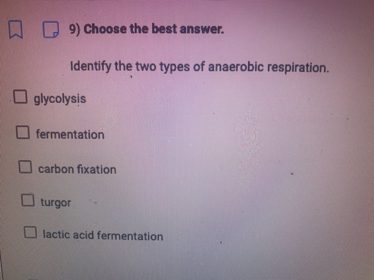 9) Choose the best answer.
Identify the two types of anaerobic respiration.
glycolysis
I fermentation
V carbon fixation
turgor
lactic acid fermentation
