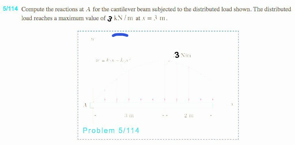 5/114 Compute the reactions at A for the cantilever beam subjected to the distributed load shown. The distributed.
load reaches a maximum value of 3 kN/m at x = 3 m.
3 Nm
" - -a-
3m
Problem 5/114
