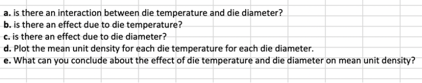 a. is there an interaction between die temperature and die diameter?
b. is there an effect due to die temperature?
c. is there an effect due to die diameter?
d. Plot the mean unit density for each die temperature for each die diameter.
e. What can you conclude about the effect of die temperature and die diameter on mean unit density?