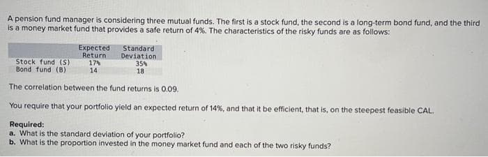 A pension fund manager is considering three mutual funds. The first is a stock fund, the second is a long-term bond fund, and the third
is a money market fund that provides a safe return of 4%. The characteristics of the risky funds are as follows:
Expected
Return
Standard
Deviation
Stock fund (S)
Bond fund (B)
The correlation between the fund returns is 0.09.
You require that your portfolio yield an expected return of 14%, and that it be efficient, that is, on the steepest feasible CAL.
17%
14
35%
18.
Required:
a. What is the standard deviation of your portfolio?
b. What is the proportion invested in the money market fund and each of the two risky funds?