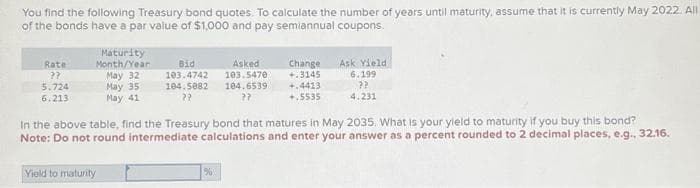 You find the following Treasury bond quotes. To calculate the number of years until maturity, assume that it is currently May 2022. All
of the bonds have a par value of $1,000 and pay semiannual coupons.
Rate
??
5.724
6.213
Maturity
Month/Year
May 32
May 35
May 41
Bid
103.4742
Yield to maturity
104.5082
??
Asked
103.5470
%
104.6539
27
Change
+.3145
+.4413
+.5535
In the above table, find the Treasury bond that matures in May 2035. What is your yield to maturity if you buy this bond?
Note: Do not round intermediate calculations and enter your answer as a percent rounded to 2 decimal places, e.g., 32.16.
Ask Yield
6.199
??
4.231