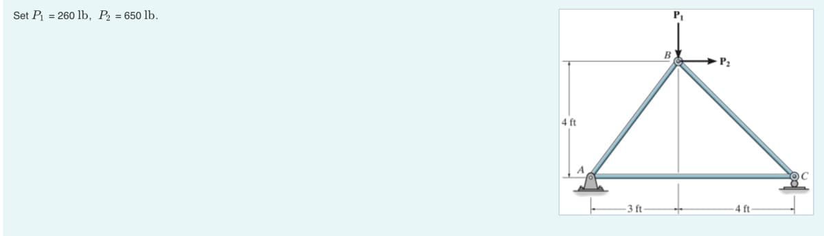 Set P₁ = 260 lb, P₂ = 650 lb.
4 ft
-3 ft-
B
+
P₂
4 ft-
C
