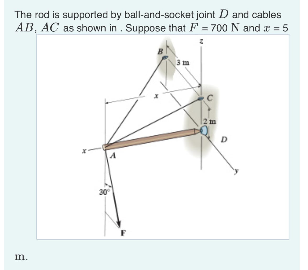 The rod is supported by ball-and-socket joint D and cables
AB, AC as shown in . Suppose that F = 700 N and x = 5
z
m.
30°
B
3 m
с
2 m
D