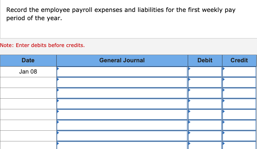 Record the employee payroll expenses and liabilities for the first weekly pay
period of the year.
Note: Enter debits before credits.
Date
General Journal
Debit
Credit
Jan 08
