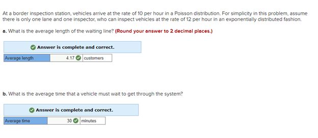 At a border inspection station, vehicles arrive at the rate of 10 per hour in a Poisson distribution. For simplicity in this problem, assume
there is only one lane and one inspector, who can inspect vehicles at the rate of 12 per hour in an exponentially distributed fashion.
a. What is the average length of the waiting line? (Round your answer to 2 decimal places.)
Average length
Answer is complete and correct.
4.17 customers
b. What is the average time that a vehicle must wait to get through the system?
Average time
Answer is complete and correct.
30 minutes