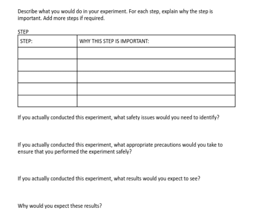 Describe what you would do in your experiment. For each step, explain why the step is
important. Add more steps if required.
STEP
STEP:
WHY THIS STEP IS IMPORTANT:
If you actually conducted this experiment, what safety issues would you need to identify?
If you actually conducted this experiment, what appropriate precautions would you take to
ensure that you performed the experiment safely?
If you actually conducted this experiment, what results would you expect to see?
Why would you expect these results?
