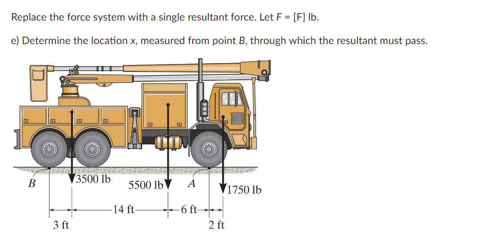 Replace the force system with a single resultant force. Let F = [F] lb.
e) Determine the location x, measured from point B, through which the resultant must pass.
B
3 ft
3500 lb
[I]
5500 lb
14 ft-
MERCOLARE DIRE
A
-6 ft-
2 ft
1750 lb