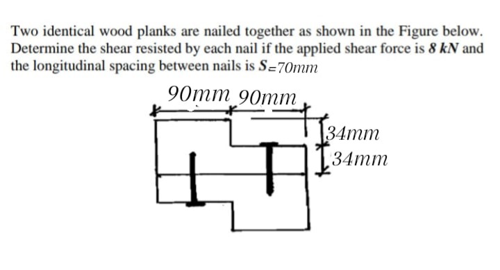 Two identical wood planks are nailed together as shown in the Figure below.
Determine the shear resisted by each nail if the applied shear force is 8 kN and
the longitudinal spacing between nails is S-70mm
90тт 90тт
|34mm
34тm
