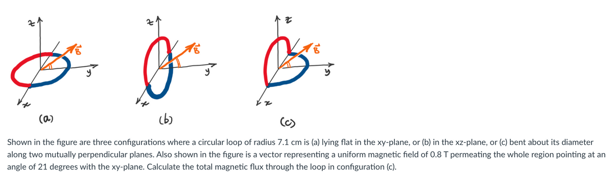 そト
(a)
(b)
(C)
Shown in the figure are three configurations where a circular loop of radius 7.1 cm is (a) lying flat in the xy-plane, or (b) in the xz-plane, or (c) bent about its diameter
along two mutually perpendicular planes. Also shown in the figure is a vector representing a uniform magnetic field of 0.8 T permeating the whole region pointing at an
angle of 21 degrees with the xy-plane. Calculate the total magnetic flux through the loop in configuration (c).
