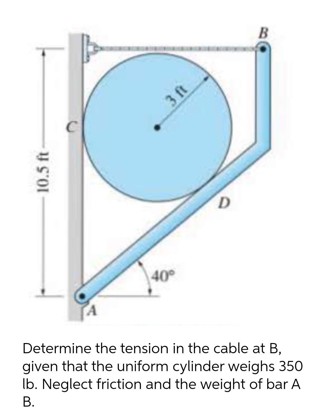 3 ft
D.
40°
Determine the tension in the cable at B,
given that the uniform cylinder weighs 350
lb. Neglect friction and the weight of bar A
В.
10.5 ft
