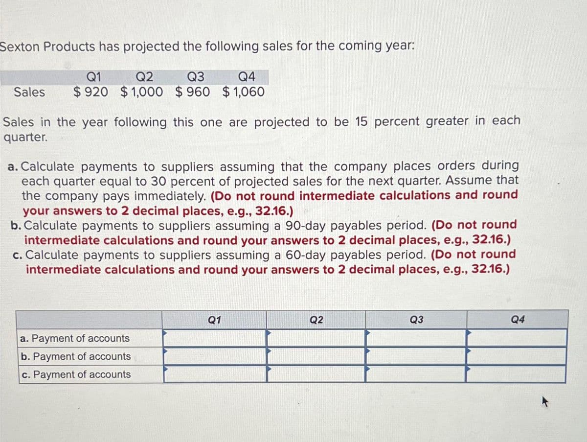 Sexton Products has projected the following sales for the coming year:
Q1
Q2
Q3
Q4
Sales $920 $1,000 $960 $1,060
Sales in the year following this one are projected to be 15 percent greater in each
quarter.
a. Calculate payments to suppliers assuming that the company places orders during
each quarter equal to 30 percent of projected sales for the next quarter. Assume that
the company pays immediately. (Do not round intermediate calculations and round
your answers to 2 decimal places, e.g., 32.16.)
b. Calculate payments to suppliers assuming a 90-day payables period. (Do not round
intermediate calculations and round your answers to 2 decimal places, e.g., 32.16.)
c. Calculate payments to suppliers assuming a 60-day payables period. (Do not round
intermediate calculations and round your answers to 2 decimal places, e.g., 32.16.)
a. Payment of accounts
b. Payment of accounts
c. Payment of accounts
Q1
Q2
Q3
Q4