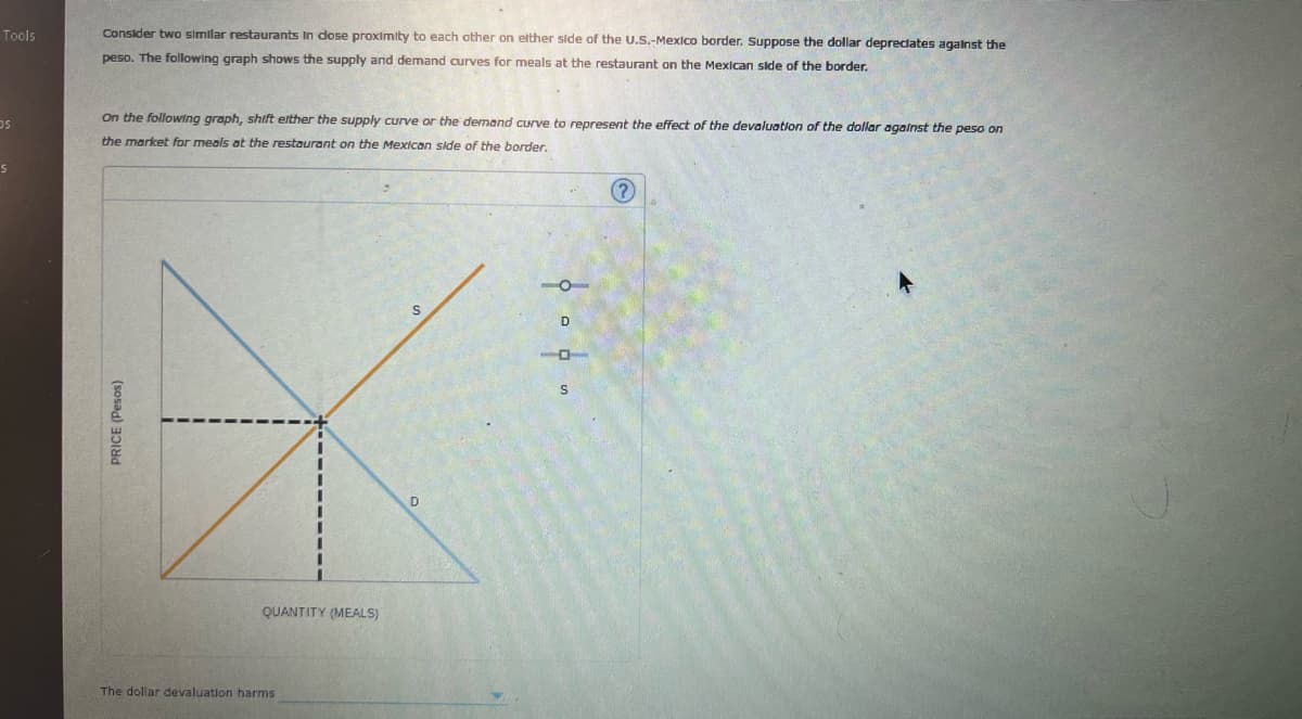 Tools
Consider two similar restaurants In dose proximity to each other on elther side of the U.S.-Mexico border. Suppose the dollar depreciates agalnst the
peso. The following graph shows the supply and demand curves for meals at the restaurant on the Mexican side of the border.
On the following graph, shtft erther the supply curve or the demand curve to represent the effect of the devaluation of the dollar agalnst the peso on
the market for meals at the restaurant on the Mexican side of the border.
(?
O
D
D.
QUANTITY (MEALS)
The dollar devaluation harms
PRICE (Pesos)
