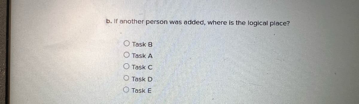 b. If another person was added, where is the logical place?
Task B
Task A
Task C
Task D
Task E