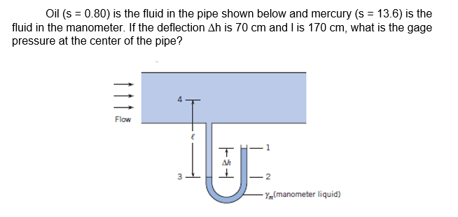 Oil (s = 0.80) is the fluid in the pipe shown below and mercury (s = 13.6) is the
fluid in the manometer. If the deflection Ah is 70 cm and l is 170 cm, what is the gage
pressure at the center of the pipe?
Flow
Ah
2
- Ym{manometer liquid)
4.

