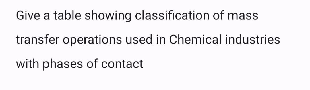 Give a table showing classification of mass
transfer operations used in Chemical industries
with phases of contact