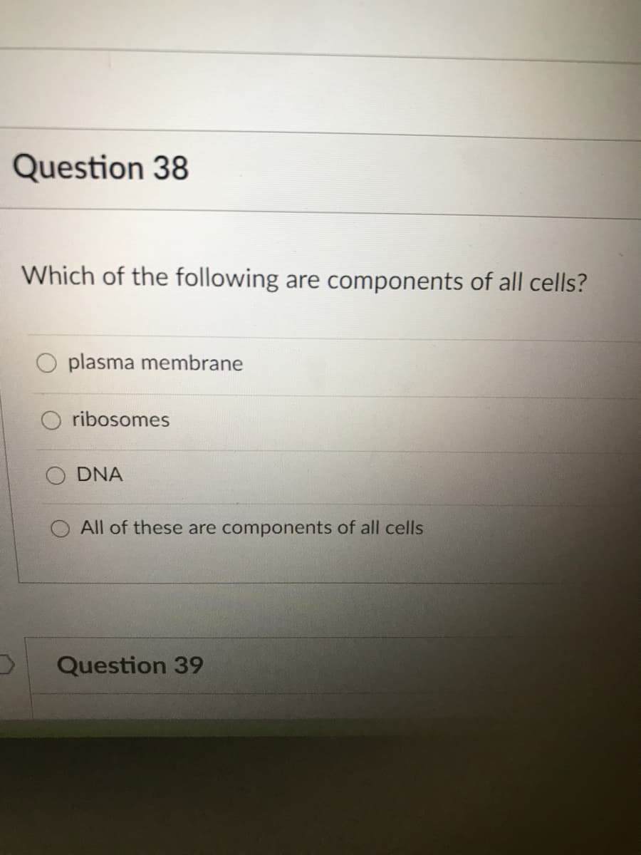 Question 38
Which of the following are components of all cells?
plasma membrane
ribosomes
O DNA
O All of these are components of all cells
Question 39
