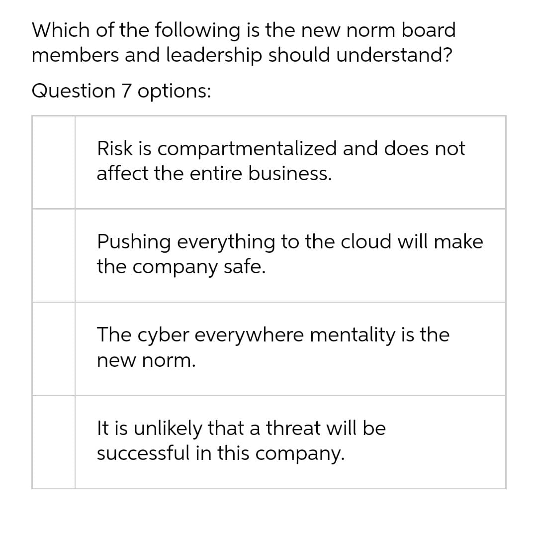 Which of the following is the new norm board
members and leadership should understand?
Question 7 options:
Risk is compartmentalized and does not
affect the entire business.
Pushing everything to the cloud will make
the company safe.
The cyber everywhere mentality is the
new norm.
It is unlikely that a threat will be
successful in this company.
