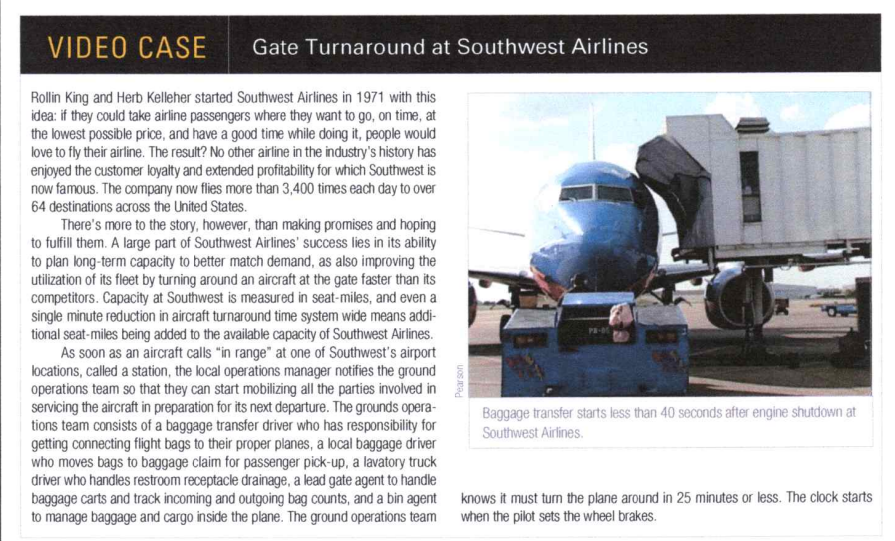 VIDEO CASE
Gate Turnaround at Southwest Airlines
Rollin King and Herb Kelleher started Southwest Airlines in 1971 with this
idea: if they could take airline passengers where they want to go, on time, at
the lowest possible price, and have a good time while doing it, people would
love to fly their airline. The result? No other airline in the industry's history has
enjoyed the customer loyalty and extended profitability for which Southwest is
now famous. The company now flies more than 3,400 times each day to over
64 destinations across the United States.
There's more to the story, however, than making promises and hoping
to fulfill them. A large part of Southwest Airlines' success lies in its ability
to plan long-term capacity to better match demand, as also improving the
utilization of its fleet by turning around an aircraft at the gate faster than its
competitors. Capacity at Southwest is measured in seat-miles, and even a
single minute reduction in aircraft turnaround time system wide means addi-
tional seat-miles being added to the available capacity of Southwest Airlines.
As soon as an aircraft calls "in range" at one of Southwest's airport
locations, called a station, the local operations manager notifies the ground
operations team so that they can start mobilizing all the parties involved in
servicing the aircraft in preparation for its next departure. The grounds opera-
tions team consists of a baggage transfer driver who has responsibility for
getting connecting flight bags to their proper planes, a local baggage driver
who moves bags to baggage claim for passenger pick-up, a lavatory truck
driver who handles restroom receptacle drainage, a lead gate agent to handle
baggage carts and track incoming and outgoing bag counts, and a bin agent
to manage baggage and cargo inside the plane. The ground operations team
Baggage transfer starts less than 40 seconds after engine shutdown at
Southwest Airlines.
knows it must turn the plane around in 25 minutes or less. The clock starts
when the pilot sets the wheel brakes.
Pearson

