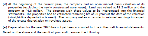 (d) At the beginning of the current year, the company had an open market basis valuation of its
properties (excluding the newly constructed warehouse). Land was valued at P1.2 million and the
property at P4.8 million. The directors wish these values to be incorporated into the financial
statements. The properties had an estimated remaining life of 20 years at the date of the valuation
(straight-line depreciation is used). The company makes a transfer to retained eamings in respect
of the excess depreciation on revalued assets.
(e) Depreciation for the year 2020 has not yet been accounted for the in the draft financial statements.
Based on the above and the result of your audit, answer the following:
