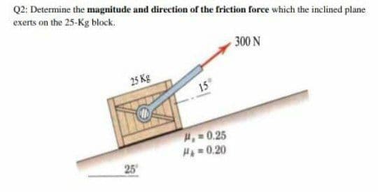 Q2: Determine the magnitude and direction of the friction force which the inclined plane
exerts on the 25-Kg block.
300 N
25 Kg
15
H, 0.25
H=0.20
25
