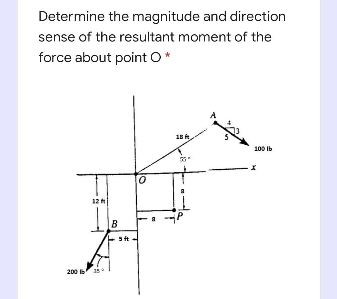 Determine the magnitude and direction
sense of the resultant moment of the
force about point O *
18 ft
100 Ib
55 °
12 ft
8.
B
+ 5 ft -
200 Ib
35 °

