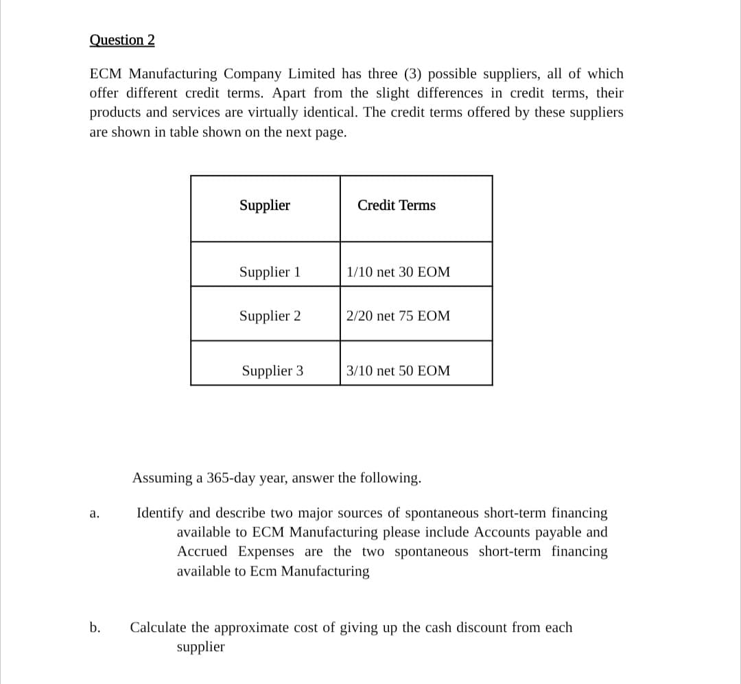 Question 2
ECM Manufacturing Company Limited has three (3) possible suppliers, all of which
offer different credit terms. Apart from the slight differences in credit terms, their
products and services are virtually identical. The credit terms offered by these suppliers
are shown in table shown on the next page.
Supplier
Credit Terms
Supplier 1
1/10 net 30 EOM
Supplier 2
2/20 net 75 EOM
Supplier 3
3/10 net 50 EOM
a.
Assuming a 365-day year, answer the following.
Identify and describe two major sources of spontaneous short-term financing
available to ECM Manufacturing please include Accounts payable and
Accrued Expenses are the two spontaneous short-term financing
available to Ecm Manufacturing
b.
Calculate the approximate cost of giving up the cash discount from each
supplier