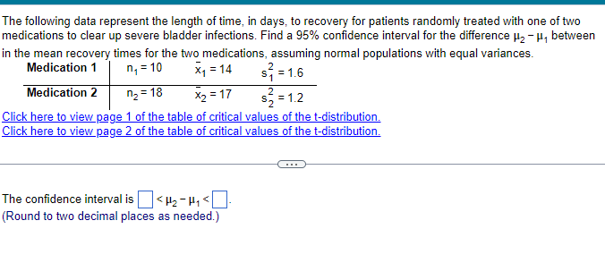 The following data represent the length of time, in days, to recovery for patients randomly treated with one of two
medications to clear up severe bladder infections. Find a 95% confidence interval for the difference μ₂-μ₁ between
in the mean recovery times for the two medications, assuming normal populations with equal variances.
Medication 1
n₁ = 10
Medication 2
n₂-18
x₁ = 14
x2 = 17
$² = 1.6
$ = 1.2
Click here to view page 1 of the table of critical values of the t-distribution.
Click here to view page 2 of the table of critical values of the t-distribution.
The confidence interval is ☐ <₂-H₁<[ ☐ -
(Round to two decimal places as needed.)