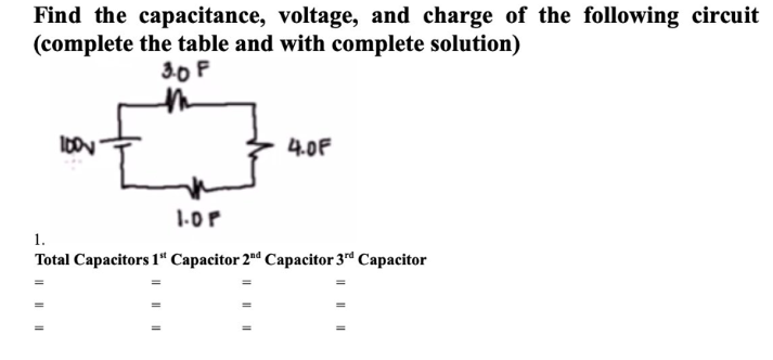 Find the capacitance, voltage, and charge of the following circuit
(complete the table and with complete solution)
3.0F
4.0F
1-0P
1.
Total Capacitors 1“ Capacitor 2"d Capacitor 3rd Capacitor
I| ||||
I| ||||
Il ||||
