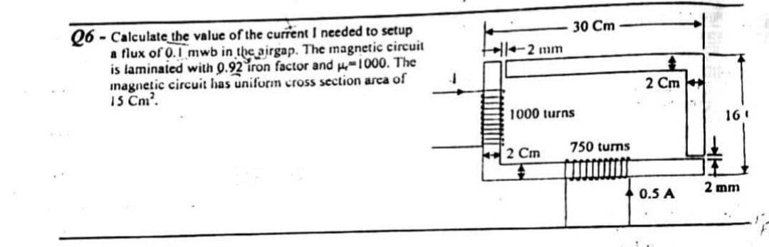 Q6- Calculate the value of the current I needed to setup
a flux of 0.1 mwb in the airgap. The magnetic circuit
is laminated with 9.92 iron factor and μ-1000. The
magnetic circuit has uniform cross section area of
15 Cm².
2 mm
30 Cm
1000 turns
2 Cm
750 turns
2 Cm
+0.5 A
161
2 mm