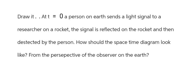 Draw it. . At t = 0 a person on earth sends a light signal to a
researcher on a rocket, the signal is reflected on the rocket and then
destected by the person. How should the space time diagram look
like? From the persepective of the observer on the earth?